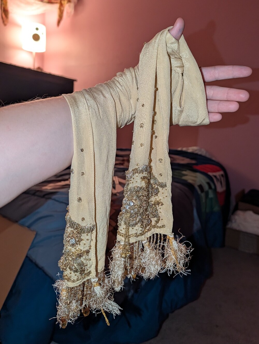 Elegant Vintage Silk Gold Beaded Fringe Scarf
